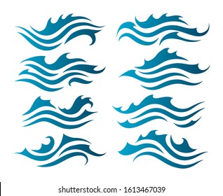 River water waves silhouettes. Blue ocean wave lines designs, vector tide pattern icons, wind above tides symbols