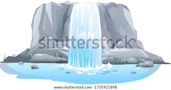 川の滝は 崖から正面から見たイラスト 小さな滝と澄んだ水を持つ美しい観光名所 険しい岩流の滝 のベクター画像素材 ロイヤリティフリー