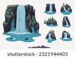 River waterfall falls from cliff on white background. Picturesque tourist attraction with small waterfall and clear water. Cartoon landscapes with mountains and trees. Vector illustration.
