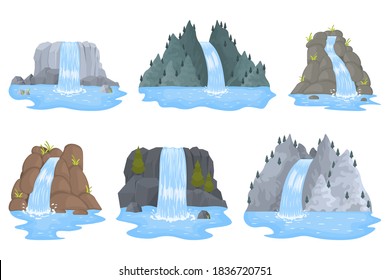 River waterfall falls from cliff on white background. Picturesque tourist attraction with small waterfall and clear water. Cartoon landscapes with mountains and trees. Vector illustration.