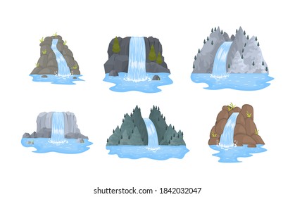 River waterfall falls from cliff on white background. Cartoon landscapes with mountains and trees. Picturesque tourist attraction with small waterfall and clear water. Vector illustration.