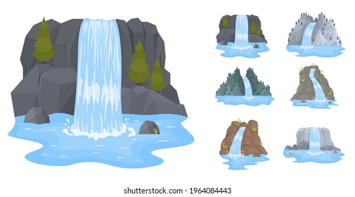 River waterfall falls from cliff on white background. Picturesque tourist attraction with small waterfall and clear water. Cartoon landscapes with mountains and trees. Vector illustration.