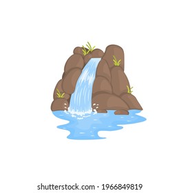 River waterfall falls from cliff on white background. Picturesque tourist attraction with small waterfall and clear water. Cartoon landscapes with mountains and trees. Vector illustration.