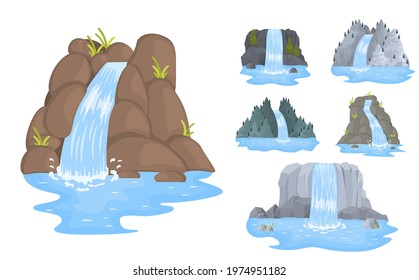 River waterfall falls from cliff on white background. Picturesque tourist attraction with small waterfall and clear water. Cartoon landscapes with mountains and trees. Vector illustration.