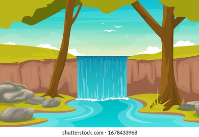 River Waterfall Forest Environment Beautiful Rural Nature Landscape Illustration