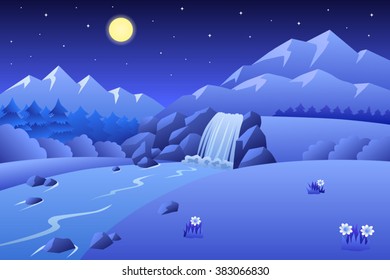 River waterfall mountains summer landscape night illustration vector - Shutterstock ID 383066830