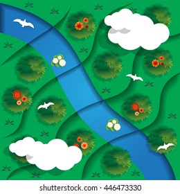 River with waterfalls. View from above. Vector illustration. 