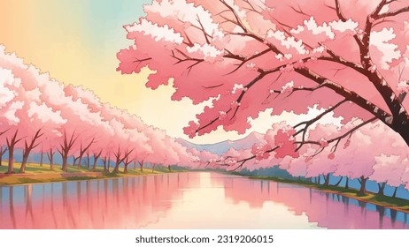 River or Waterway Surrounded by Sakura Trees Cherry Blossoms at Dusk or Dawn Hand Drawn Painting Illustration