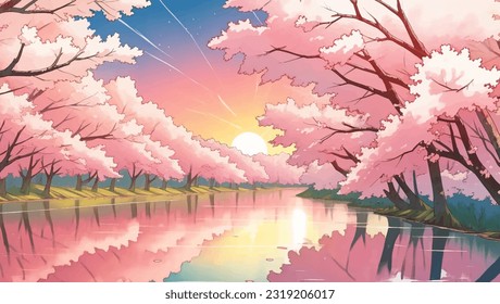 River or Waterway Surrounded by Sakura Trees Cherry Blossoms at Dusk or Dawn Hand Drawn Painting Illustration