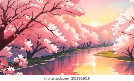 River or Waterway Surrounded by Sakura Trees Cherry Blossoms at Dusk or Dawn Hand Drawn Painting Illustration