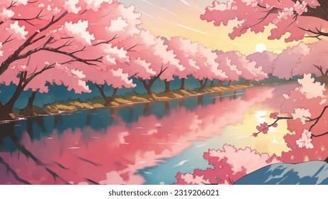 River or Waterway Surrounded by Sakura Trees Cherry Blossoms at Dusk or Dawn Hand Drawn Painting Illustration