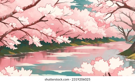 River or Waterway Surrounded by Sakura Trees Cherry Blossoms Hand Drawn Painting Illustration