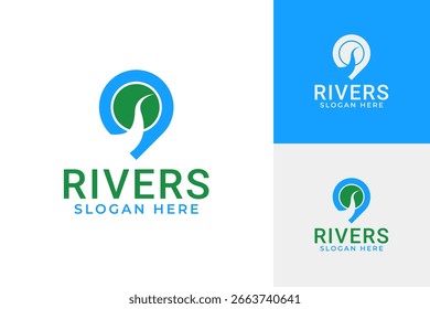 Onda fluvial com local símbolo pin para navegação de viagem e ao ar livre mapa de aventura vetor logotipo design template
