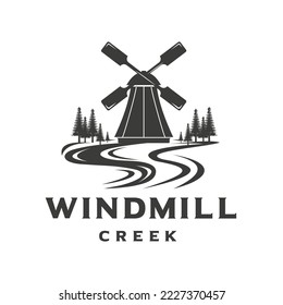 River and windmill design inspiration. Vintage farm logo template