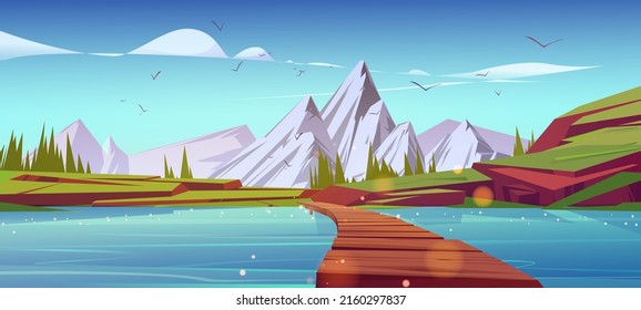 River with wooden bridge in mountain valley. Vector cartoon illustration of summer landscape with green grass, firs, lake or pond with old wood pier and rocks on horizon