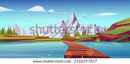 River with wooden bridge in mountain valley. Vector cartoon illustration of summer landscape with green grass, firs, lake or pond with old wood pier and rocks on horizon Stock foto © 