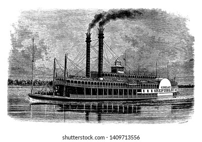 Riverboat is a watercraft designed for inland navigation on lakes rivers and artificial waterways, vintage line drawing or engraving illustration.