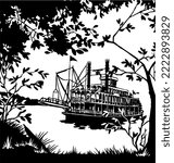 Riverboat from Woods Scene Vector Illustration