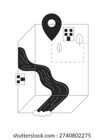Riverfront map with location pinpoint 2D line object. Abstract isometric terrain with buildings, winding river and marker pin isolated clipart vector ink outline item. Monochrome spot illustration