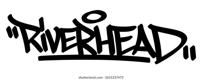 Riverhead Graffiti-Tag mit fetten schwarzen Schriftzügen und Street-Style-Flair. Urbane Attitüde ideal für Jugendbilder und anspruchsvolle Kunstwerke.
