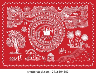 A riverine village rhapsodies of praise -  Warli Art Illustration of Nature, River, and Farming Life in Indian Rural Area, Warli Nature, River Art, Lifestyle Sketch rural Farming 