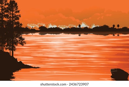 Riverland Landscape horizontal beautiful scenery Rural natural landscape panormic horizontal view boat birds web background wallpaper poster cover banner