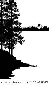 Riverland landscape silhouette book cover portrait poster banner wallpaper vector background black and white