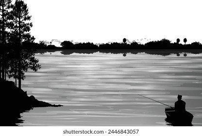 Riverland Landscape silhouette horizontal beautiful scenery Rural natural landscape panormic horizontal view fishing alone on a boat web background wallpaper poster cover paper black and white