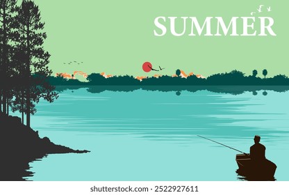 Riverland Landscape summer beautiful nature scenery panormic horizontal view fishing on boat colorful vector background wallpaper