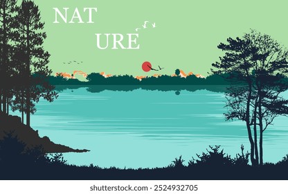Riverland Landscape summer beautiful nature scenery panormic horizontal view fishing on boat colorful vector background wallpaper