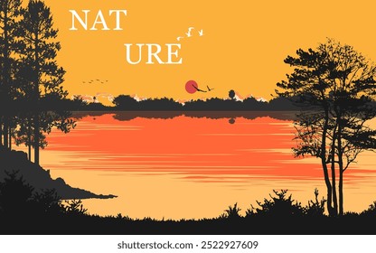 Riverland Landscape sunset beautiful nature scenery summer panormic horizontal view fishing on boat colorful sunrise vector background wallpaper