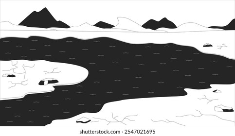 Rios desaparecendo crise linha preta e branca ilustração. Leito raso do rio com água evaporante paisagem 2D pano de fundo monocromático. O impacto das mudanças climáticas nas condições ambientais delineia o vetor