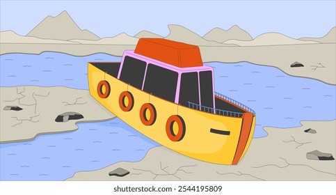 Rivers disappearing problem flat illustration. Ship running ground in shallow riverbed 2D landscape cartoon background. Climate crisis impact on environment condition scene vector image