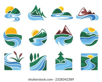 Rivers emblem. Flowing water streams, nature landscape icons and mountain river vector illustration set. Hill with sunshine and green lawns, outdoor beautiful scene with sunrise isolated elements