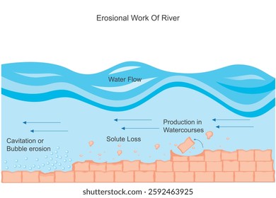 Rivers erode through hydraulic action, abrasion, attrition, and solution, shaping valleys, waterfalls, and gorges while transporting sediments downstream.