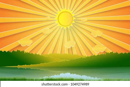 Rivers, grasses, sky, clouds and the sun shine on bright days. The paper is cut into a picture. For use in printed media, brochures or to be used in articles in nature and environment.