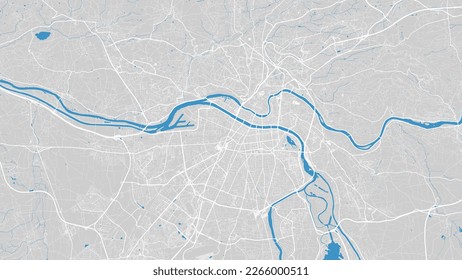 Rivers Rhône and Saône map, Lyon city, France. Watercourse, water flow, blue on grey background road map. Vector illustration, detailed silhouette.