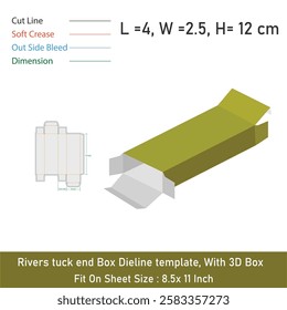 Rivers tuck end Box Dieline template, With 3D Box, Vector File