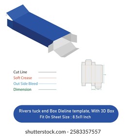 Rivers tuck end Box Dieline template, And 3D Box, Vector File