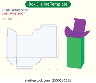 Rivers Tuck End Box L 5, W 3, H 7 inch Dieline Template. Design Editable Vectoe File