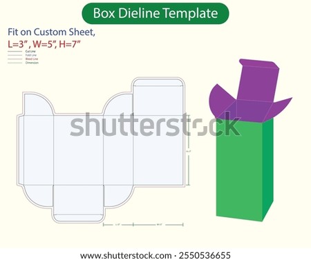 Rivers Tuck End Box L 5, W 3, H 7 inch Dieline Template. Design Editable Vectoe File