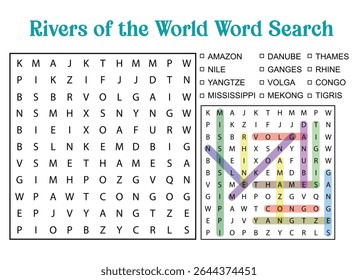 Rios do Mundo Word Search Puzzle Planilha de Geografia Educacional para Crianças Aprenderem Nomes Globais dos Rios