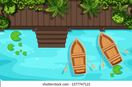 A riverside aerial view illustration