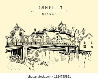 Riverside and amazing historic bridge in Trondheim, Norway, Europe. Old town, wooden houses and a church. Hand drawing in retro style. Vintage touristic postcard, poster or book illustration in vector