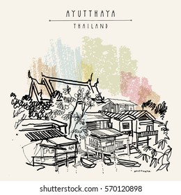 Riverside and a Buddhist temple in Ayutthaya, Thailand. Hand drawn vintage touristic postcard in vector