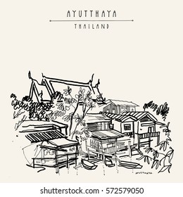 Riverside and a Buddhist temple in Ayutthaya, Thailand. Hand drawn vintage touristic postcard in vector