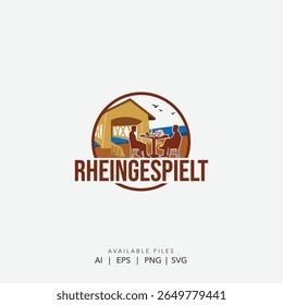 Riverside Cafe and Board Game Lounge Logo Design, Scenic Rhine River Relaxation, Iconic German Riverside Destination with Board Game Entertainment Logo