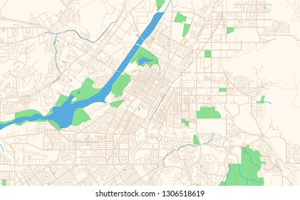 Riverside California printable map excerpt. This vector streetmap of downtown Riverside is made for infographic and print projects.