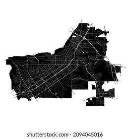 Riverside, California, United States, high resolution vector map with city boundaries, and editable paths. The city map was drawn with white areas and lines for main roads, side roads and watercourses