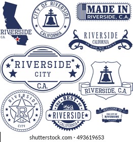 Riverside city, California. Set of generic stamps and signs.